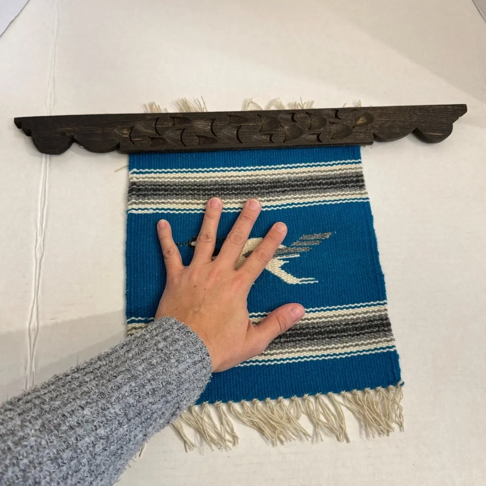 VTG Ortega's Chimayo Framed Wool Hand Woven Southwest Table Mat Rug 100% Wool